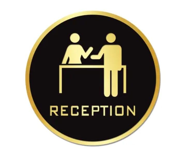 Premium BLACK GOLD Finish Acrylic RECEPTION DESK DOOR Sign Easy to Mount 3M Self-Adhesive Tape Signage for Hotel