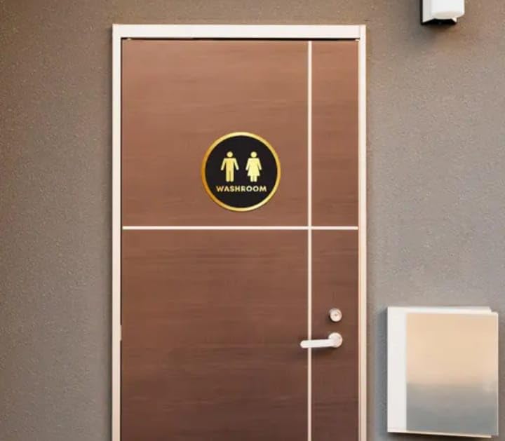 Washroom Signage Golden Black Self-Adhesive 6 Inches Round Washroom Door/Wall Sign Sticker for Office,