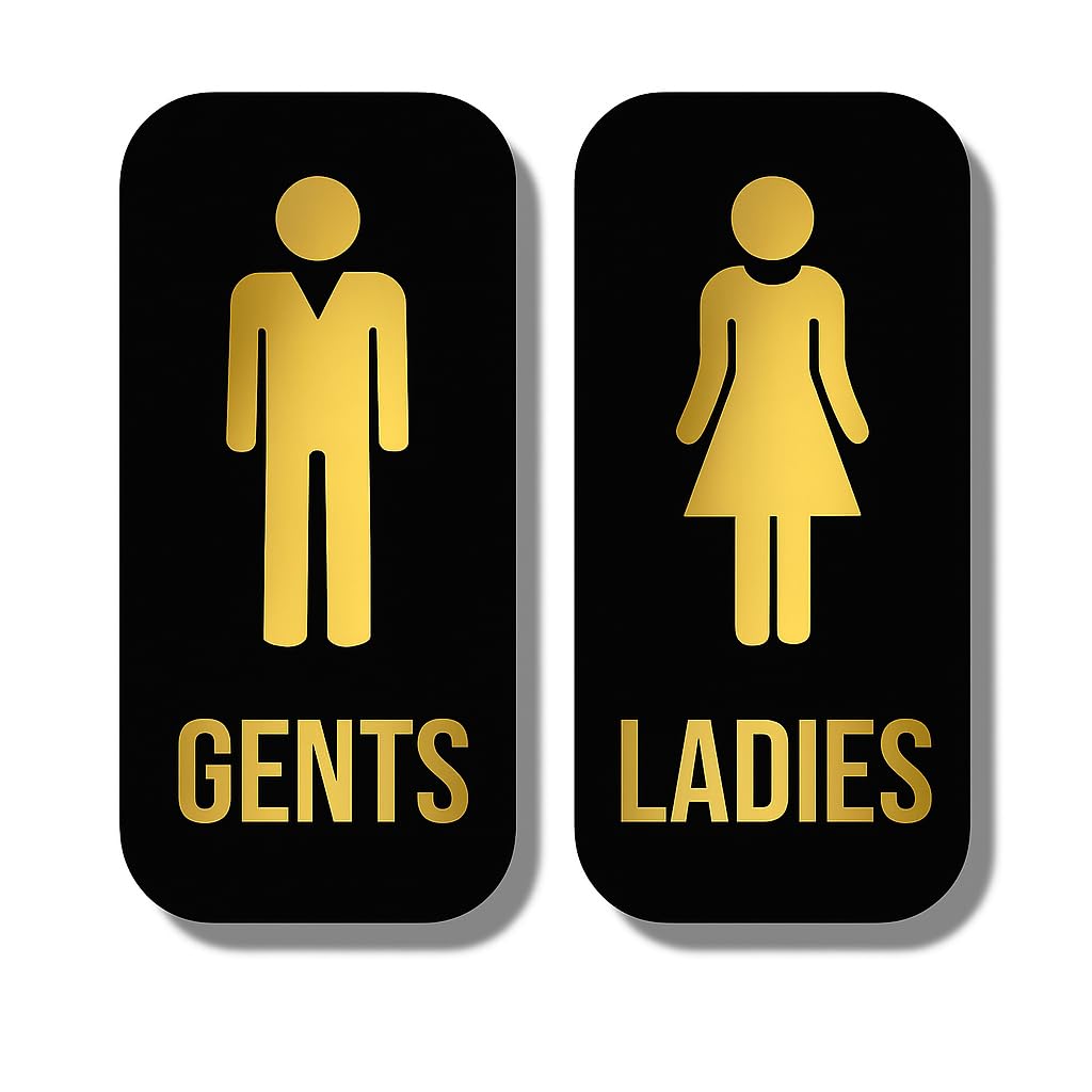Acrylic Washroom Door Signs – Ladies & Gents Restroom Sign Boards | Black Base with Golden Figures, 7x3 Inch Durable Acrylic Plate for Office