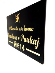 Vectopic Customized Home Name Plate | Welcome Design with Names & House Number | Black & Gold Acrylic | 12x18 inches Waterproof Name Board for Main Door, Flat, Office