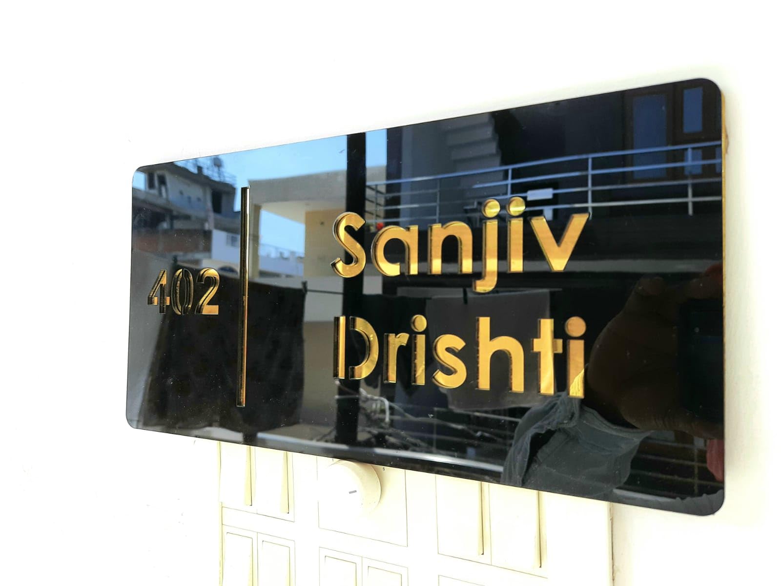 Vectopic Customized Acrylic Door Name Plate – Black Base with Golden Letters | Personalized Home, Flat & Office Entrance Name Board (Durable & Stylish, 12x6 inch)