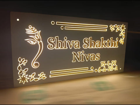 Vectopic Custom Acrylic Nameplate with LED Lights for Home Entrance - 8x16 Inch Personalized White & Golden Acrylic Name Plate for Flat, Home, or Office| Light name plate | Door Name Plate