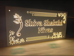 Vectopic Custom Acrylic Nameplate with LED Lights for Home Entrance - 8x16 Inch Personalized White & Golden Acrylic Name Plate for Flat, Home, or Office| Light name plate | Door Name Plate