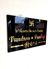 Vectopic Customized Home Name Plate | Welcome Design with Names & House Number | Black & Gold Acrylic | 12x18 inches Waterproof Name Board for Main Door, Flat, Office