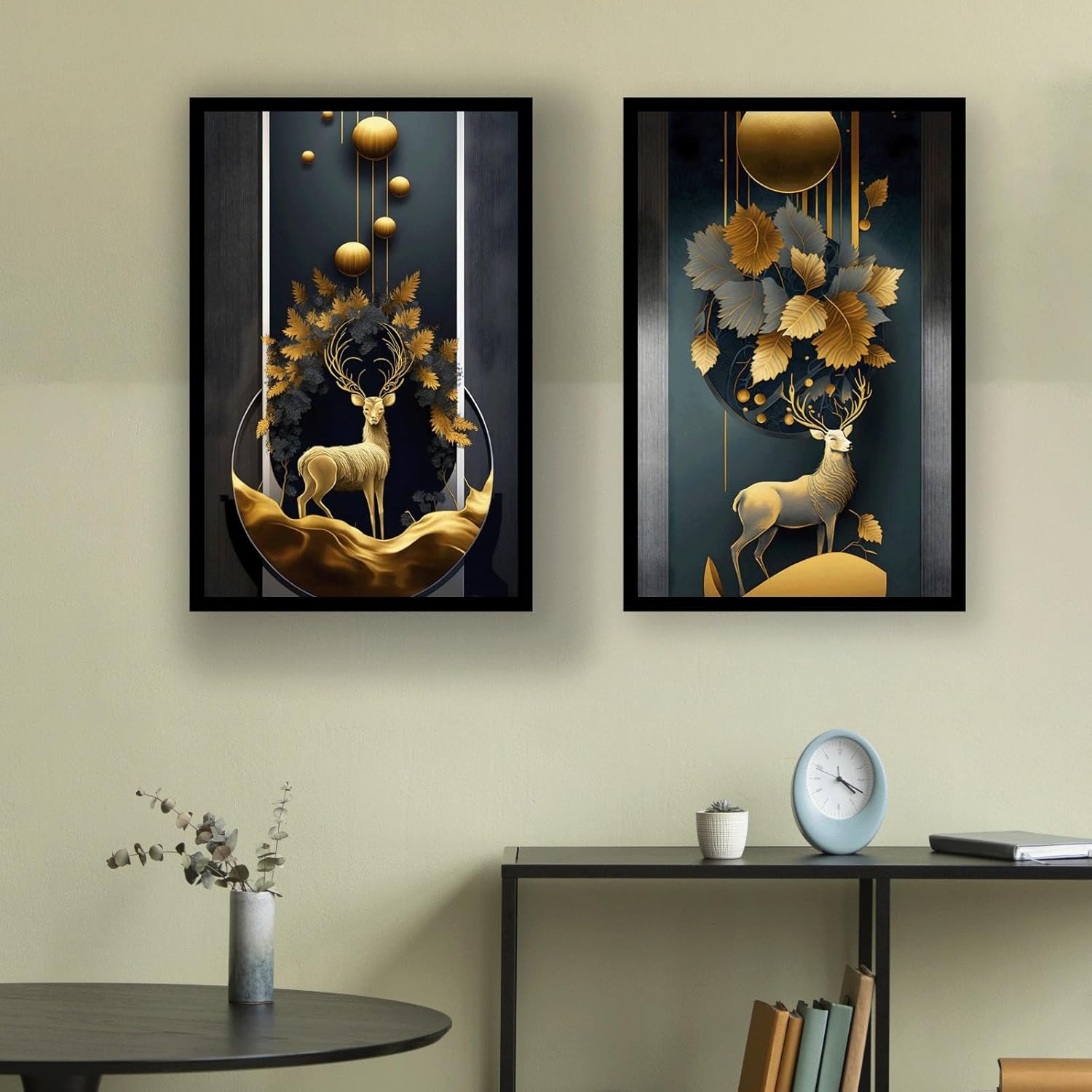 Vectopic Golden Deer Wall Frame Set of 2 | A4 Size (8x12 Inches) Black Frame |