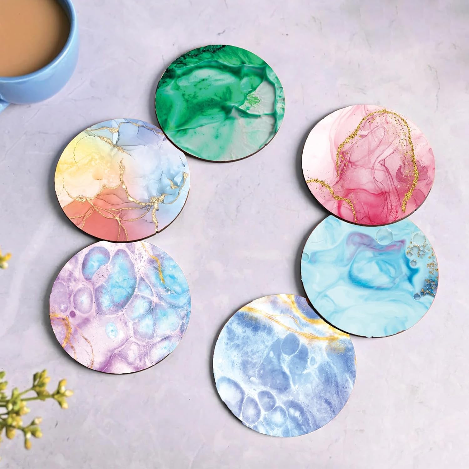 Tea Cup Set with Stylish Wooden Coasters for Cups – Set of 6 | Tea Coaster Set for Table Décor & Kitchen Decoration | Durable, Long-Lasting, Premium Finish