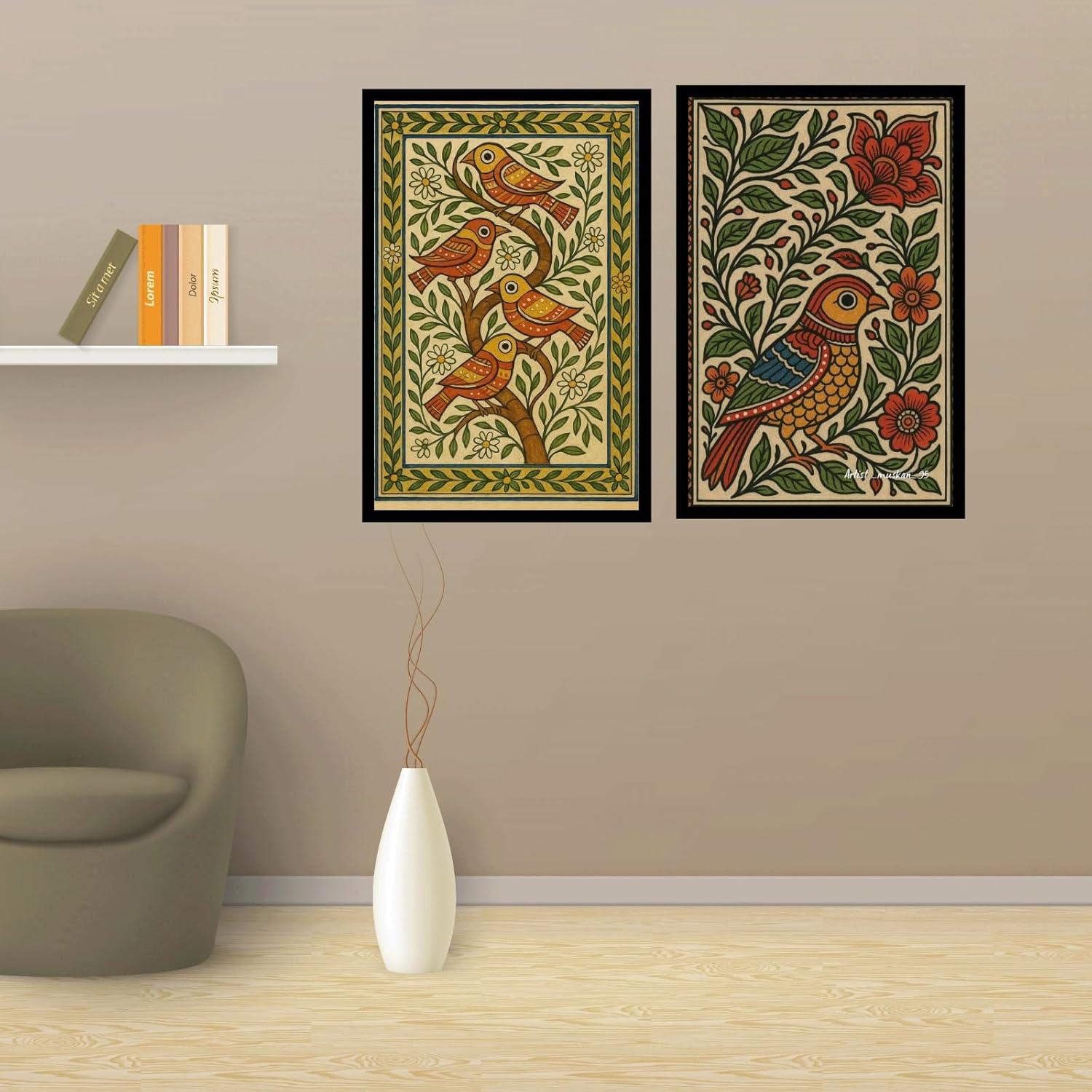 Vectopic A4 Wall Frame Set of 2 | Traditional Madhubani Art Birds Floral Painting Prints | Decorative Wall Hanging for Living Room