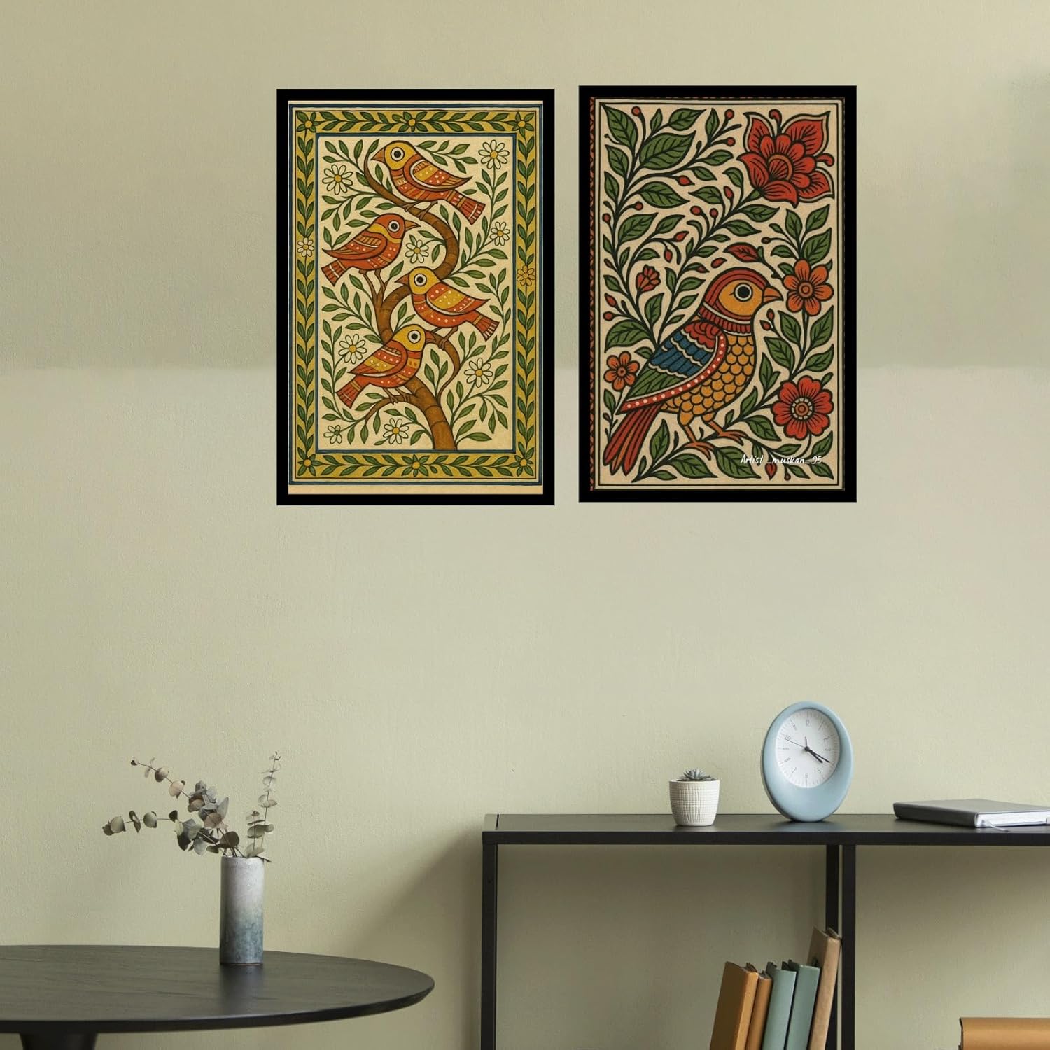 Vectopic A4 Wall Frame Set of 2 | Traditional Madhubani Art Birds Floral Painting Prints | Decorative Wall Hanging for Living Room