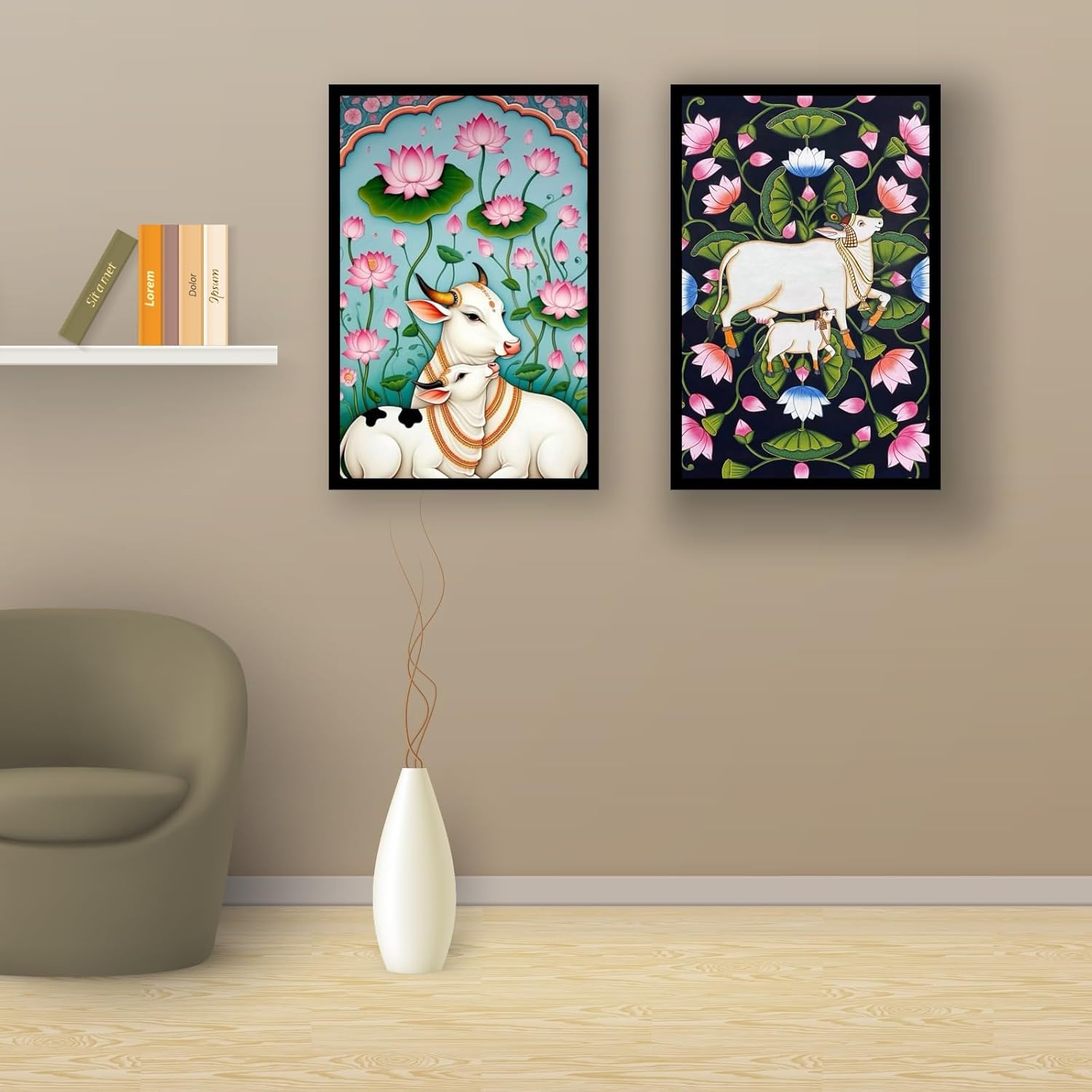 Vectopic Kamdhenu Cow Wall Frame Set of 2 | A4 Size (8x12 Inches) Black Frame | Traditional Indian Cow and Lotus Art Prints for Pooja Room