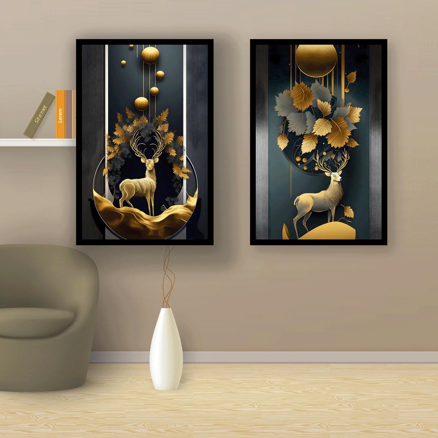 Vectopic Golden Deer Wall Frame Set of 2 | A4 Size (8x12 Inches) Black Frame |