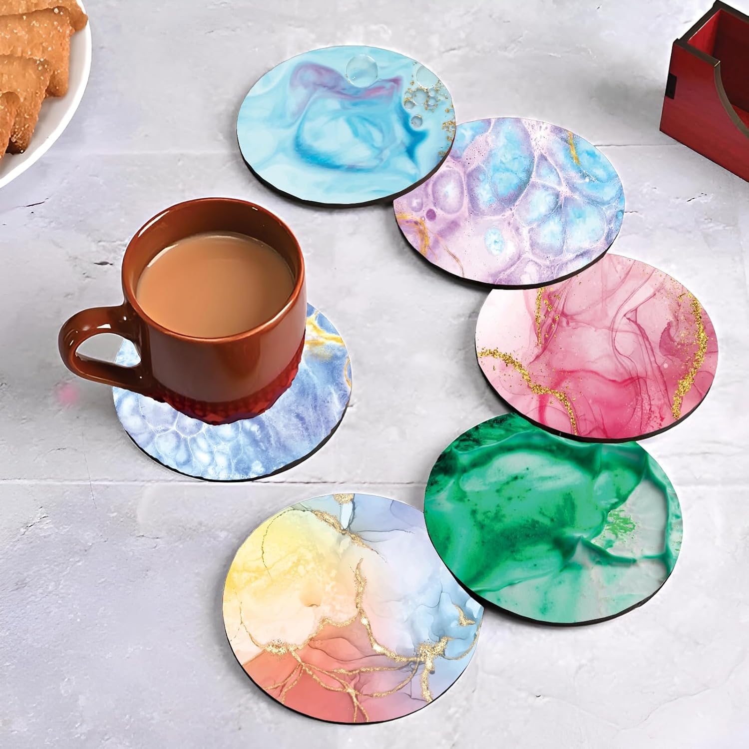 Tea Cup Set with Stylish Wooden Coasters for Cups – Set of 6 | Tea Coaster Set for Table Décor & Kitchen Decoration | Durable, Long-Lasting, Premium Finish