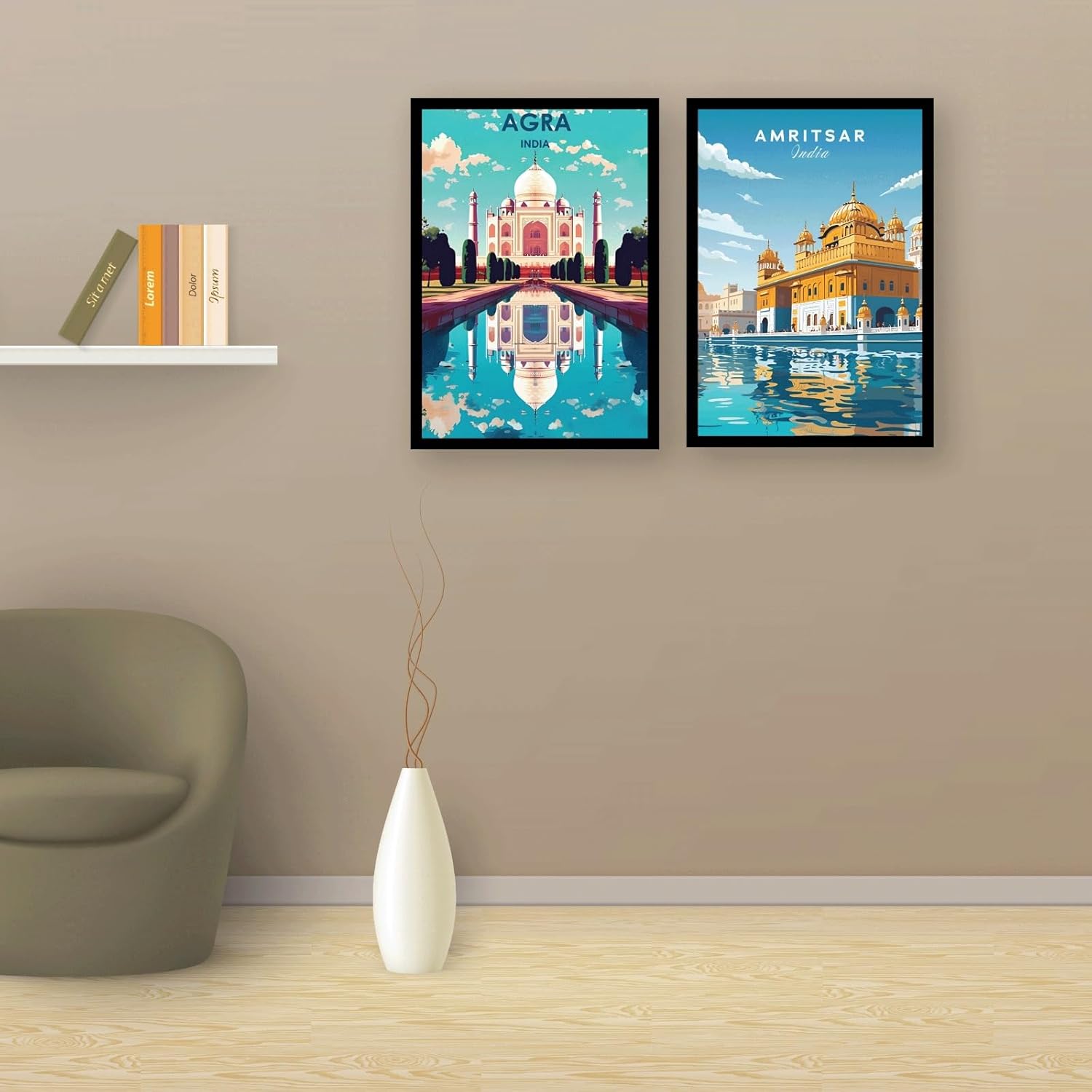 Vectopic A4 Wall Frame Set of 2 | Decorative Wall Art for Living Room Bedroom Office | Taj Mahal Agra & Golden Temple Amritsar Posters