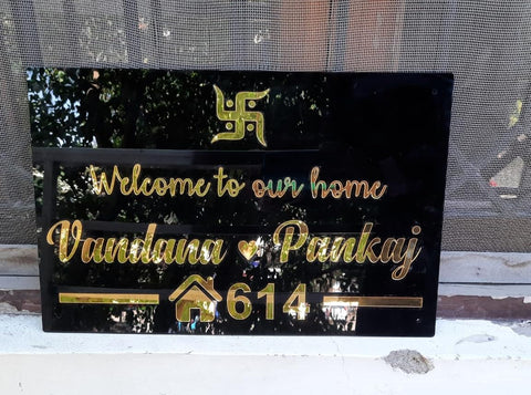 Vectopic Customized Home Name Plate | Welcome Design with Names & House Number | Black & Gold Acrylic | 12x18 inches Waterproof Name Board for Main Door, Flat, Office