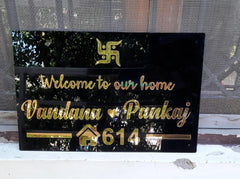 Vectopic Customized Home Name Plate | Welcome Design with Names & House Number | Black & Gold Acrylic | 12x18 inches Waterproof Name Board for Main Door, Flat, Office