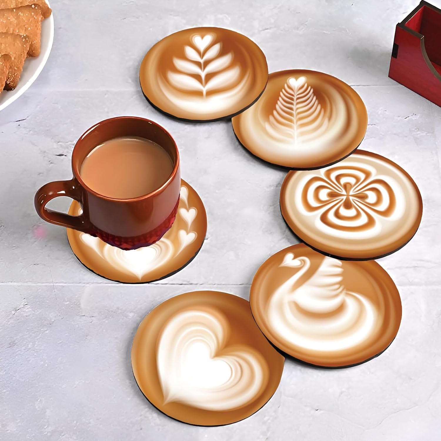 Tea Cup Set with Stylish Wooden Coasters for Cups – Set of 6 | Tea Coaster Set for Table Décor & Kitchen Decoration | Durable, Long-Lasting, Premium Finish