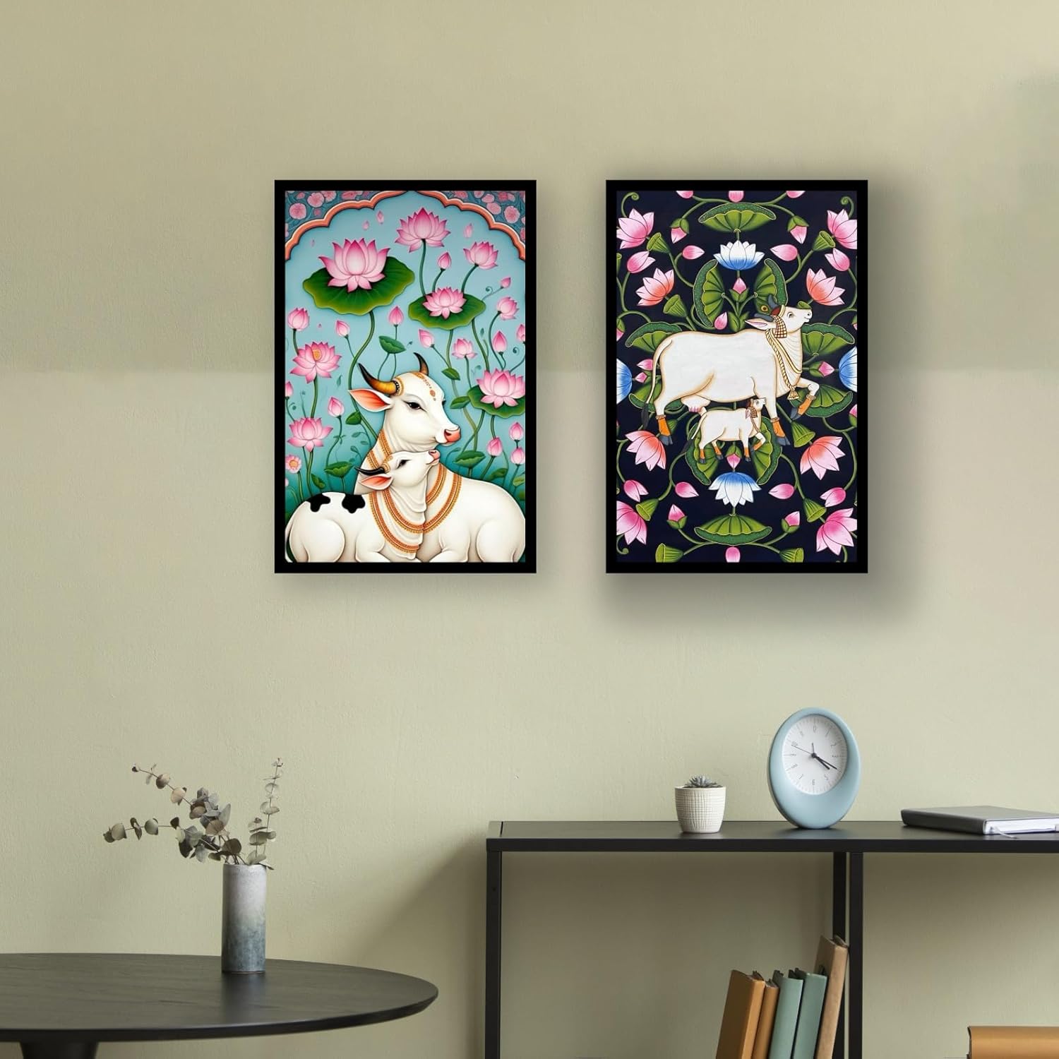 Vectopic Kamdhenu Cow Wall Frame Set of 2 | A4 Size (8x12 Inches) Black Frame | Traditional Indian Cow and Lotus Art Prints for Pooja Room