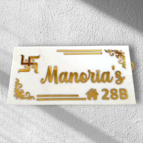 Vectopic Custom Acrylic Nameplate with LED Lights for Home Entrance - 16*8 Inch Personalized White & Golden Acrylic Name Plate for Flat, Home, or Office, Featuring 3D Gold Letters| Perfect for Gifts