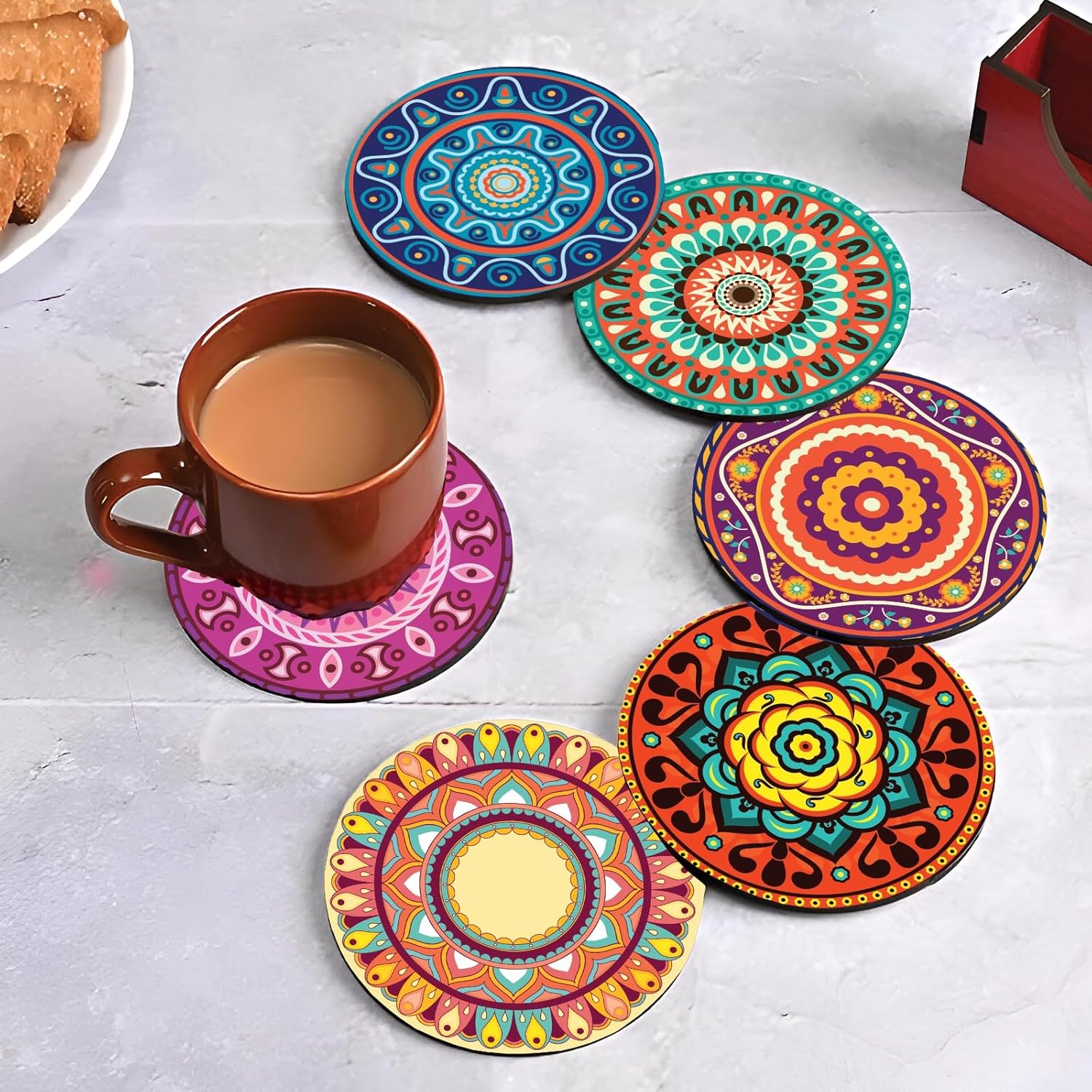 Tea Cup Set with Stylish Wooden Coasters for Cups – Set of 6 | Tea Coaster Set for Table Décor & Kitchen Decoration |