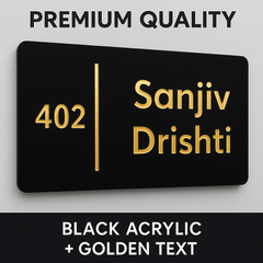 Vectopic Customized Acrylic Door Name Plate – Black Base with Golden Letters | Personalized Home, Flat & Office Entrance Name Board (Durable & Stylish, 12x6 inch)