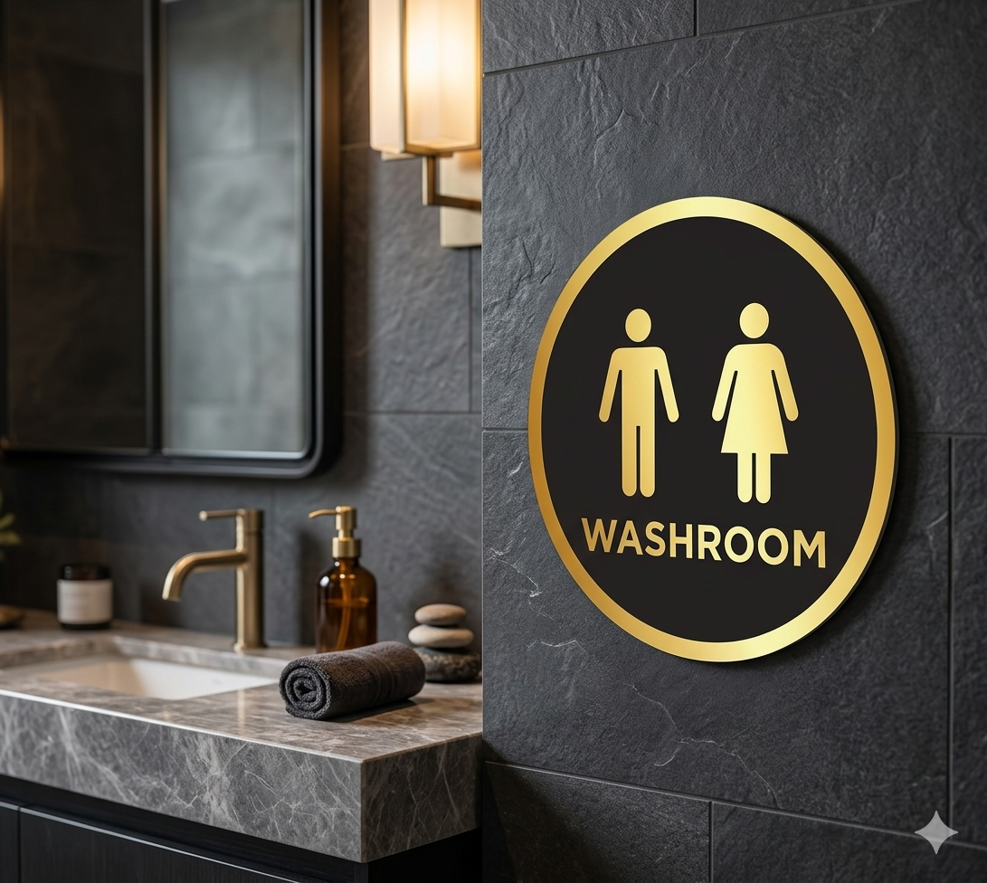 Washroom Signage Golden Black Self-Adhesive 6 Inches Round Washroom Door/Wall Sign Sticker for Office,