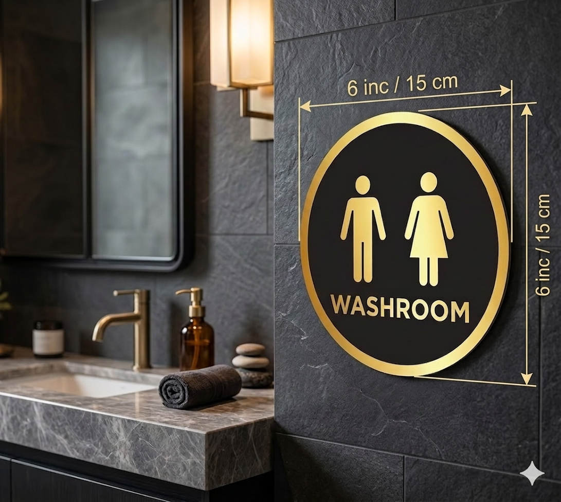 Washroom Signage Golden Black Self-Adhesive 6 Inches Round Washroom Door/Wall Sign Sticker for Office,