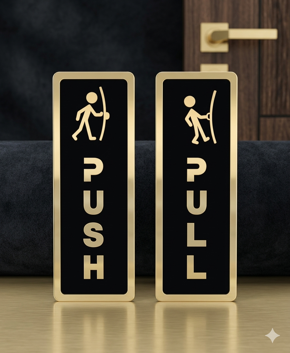 Push Pull Gold Black Glass Door Signage 6.5 Inch | Self Adhesive Acrylic Door Signs for Office, Home & Shop | Premium Push/Pull Sticker for Glass Doors