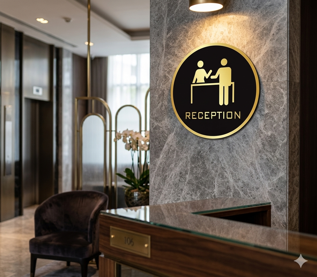 Premium BLACK GOLD Finish Acrylic RECEPTION DESK DOOR Sign Easy to Mount 3M Self-Adhesive Tape Signage for Hotel