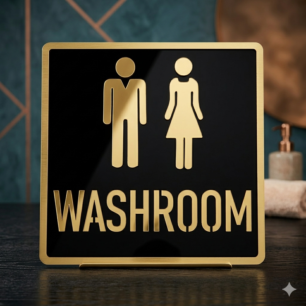 Golden Black Washroom Sign Sticker – 6.5 Inch